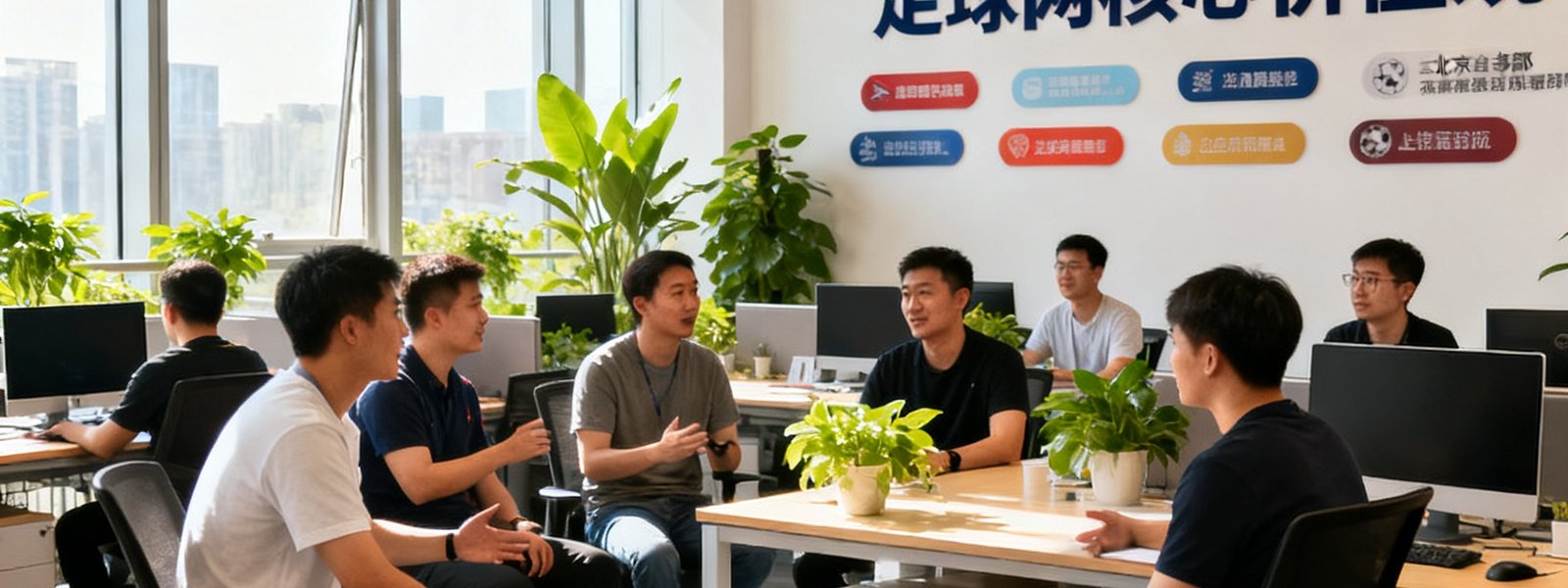 足球网北京总部办公室内团队成员正在开放式办公区热烈讨论，墙上悬挂着各大联赛队旗和足球网核心价值观标语，阳光透过落地窗洒在绿植和办公桌上，氛围年轻而充满活力。